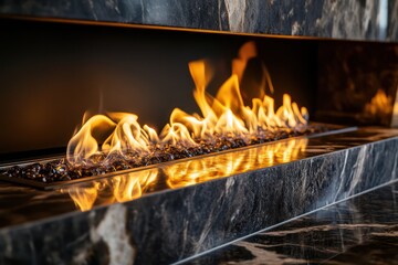 Modern fireplace with marble frame and fire