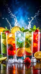 Colorful drinks with fruit and ice