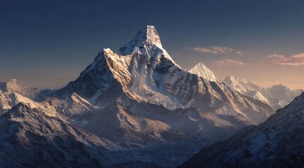 Majestic snow-capped mountain peak at dawn.  Vast mountain range