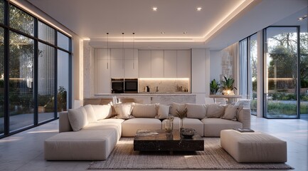 Open-plan modern living area with kitchen