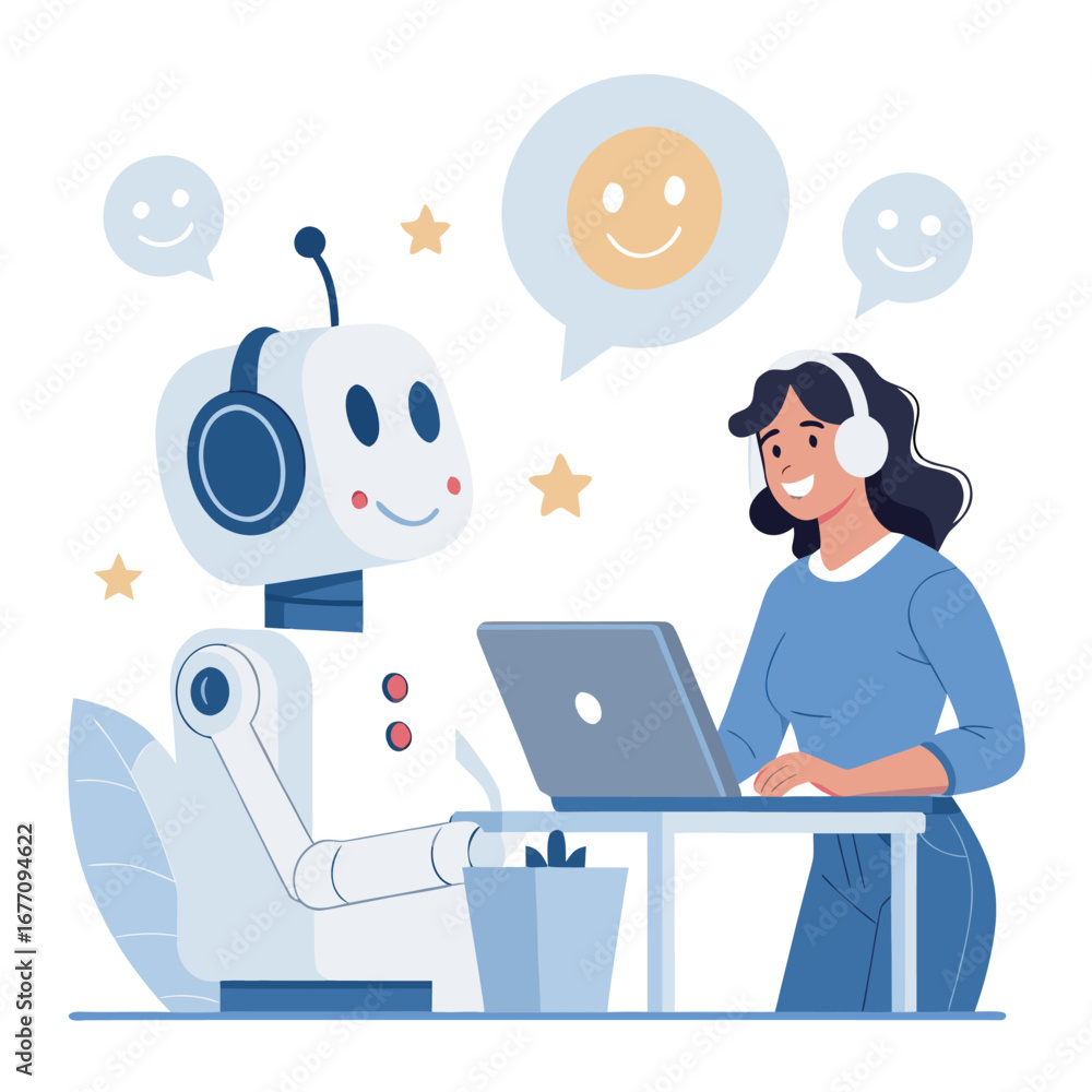 Aufkleber vector art of a friendly robot and a woman with a headset are providing customer service with a lapt