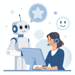Vector art of a friendly robot and a woman with a headset are providing customer service