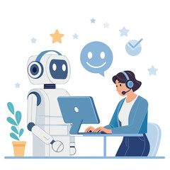 Vector art of a friendly robot and a woman with a headset are providing customer service with a laptop