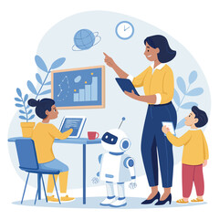 Vector art of a teacher is teaching students about robotics and artificial intelligence in the classroom
