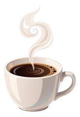 White Coffee Cup with Steam Swirl, Glossy Illustration on Transparent Background