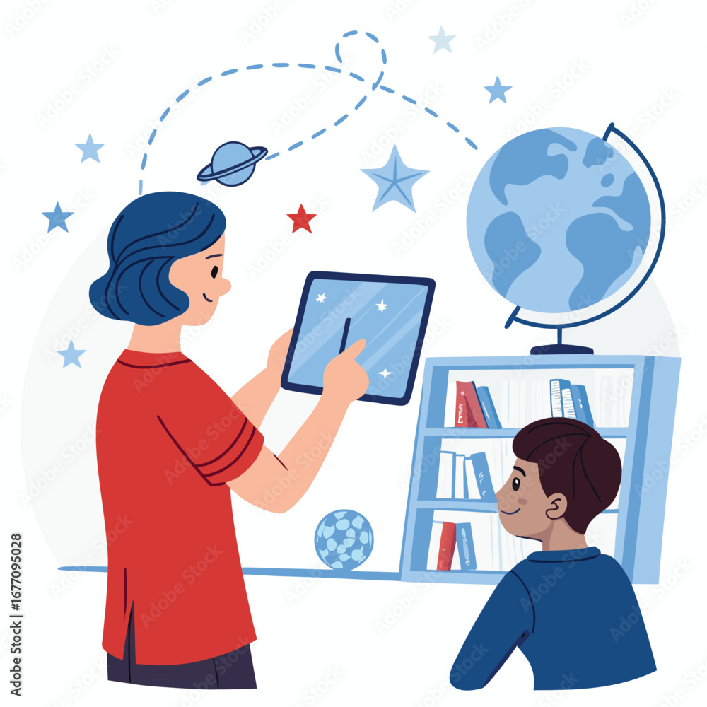 Poster vector art of a teacher is using a tablet to teach a student, with a globe and books in the backgrou