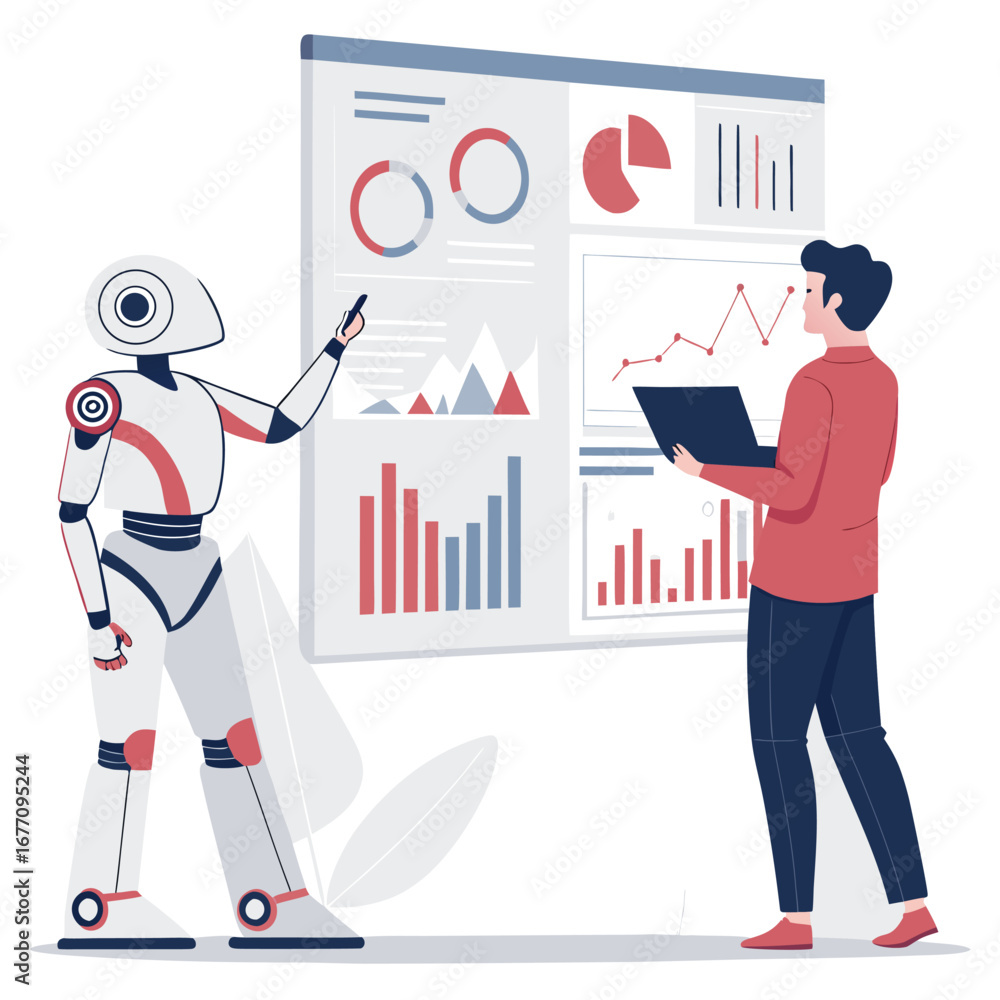 Fototapete vector art of robot and man analyzing data charts on a screen, showcasing business analytics and art