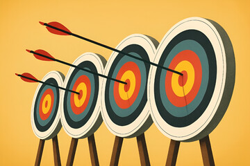 Conceptual Illustration of Archery Targets with Arrows Hitting Bullseye on Golden Background – Symbol of Success, Achievement, and Goal Setting.