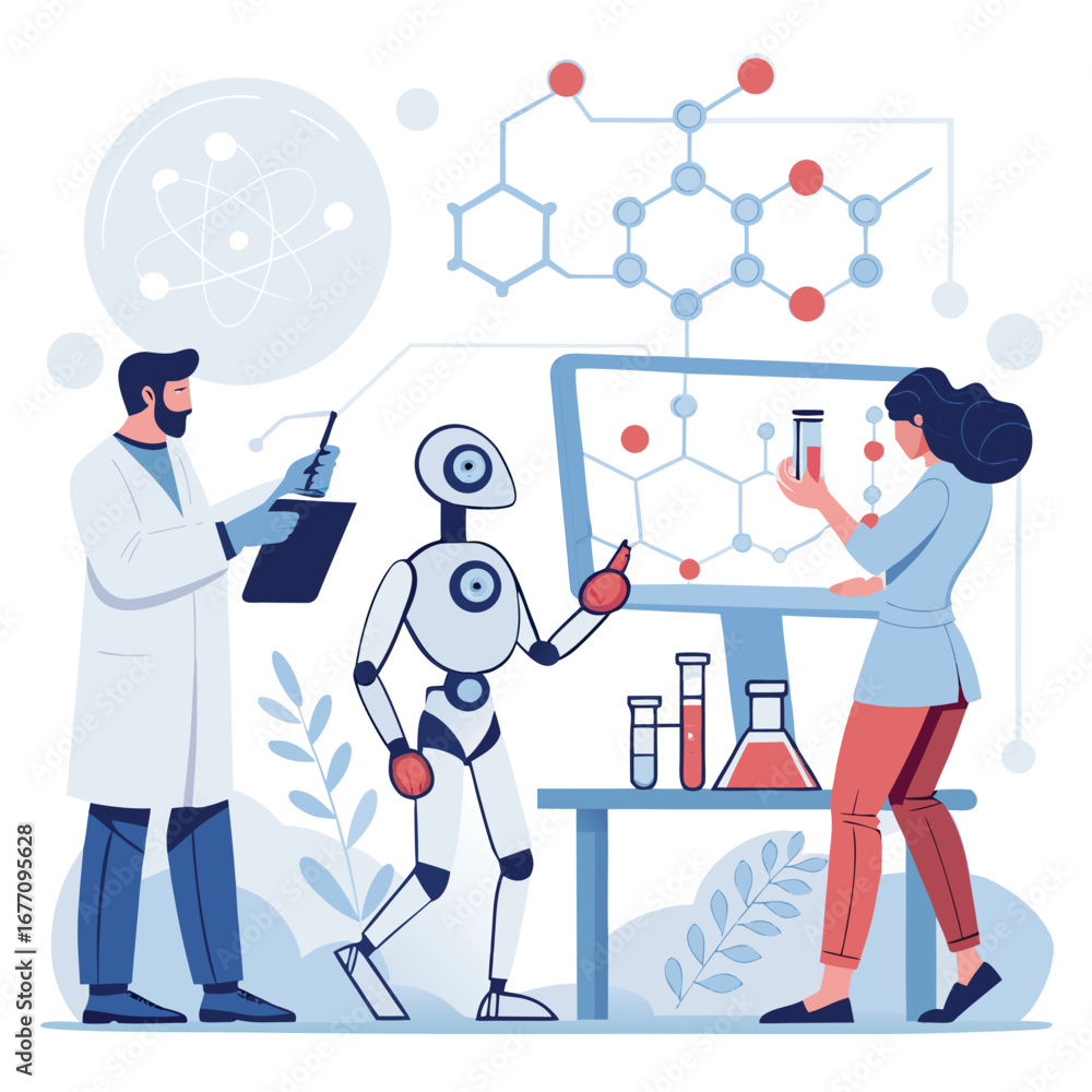 Aufkleber vector art of scientists and a robot collaborate in a laboratory, conducting experiments and analyzi