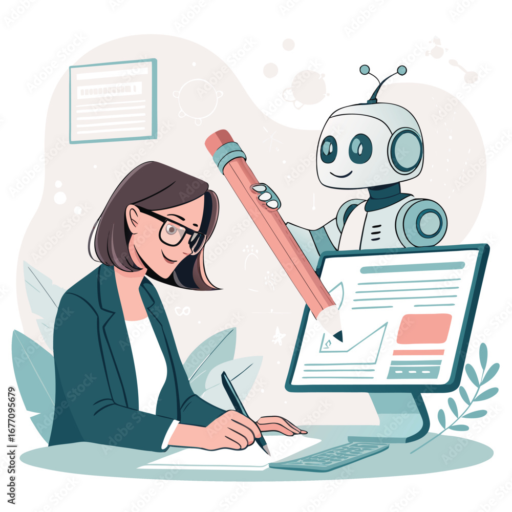 Fototapete vector art of a woman is working with a robot assistant, using a computer and pencil to analyze data