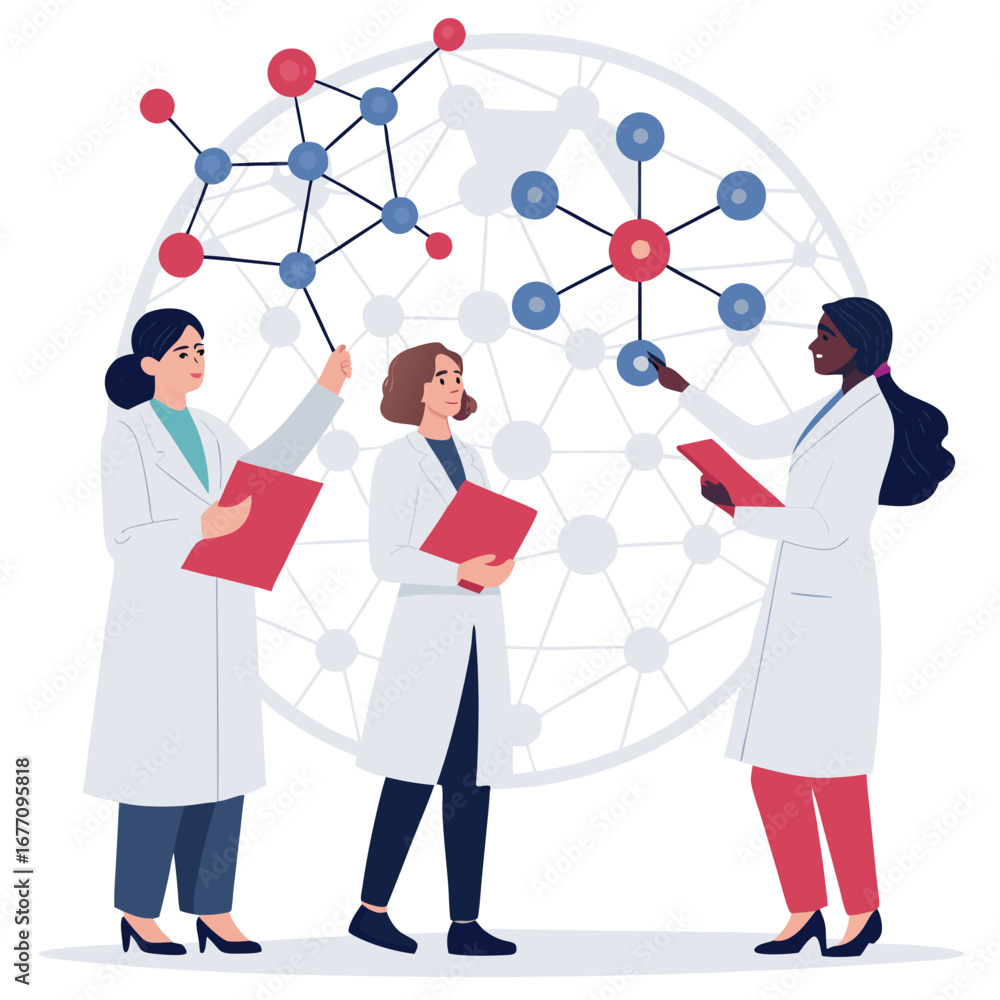 Poster vector art of three female scientists are collaborating on a molecular research project, working tog