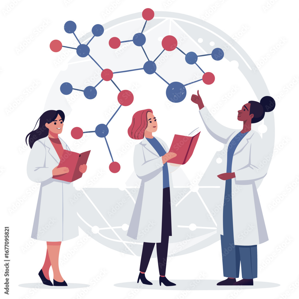 Poster vector art of a team of scientists collaborating on molecular research, , showcasing innovation in s