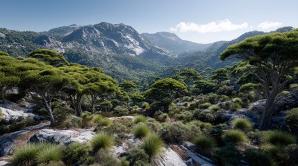 Obraz premium Lush green trees and shrubs populate a mountain valley, showcasing a tranquil and vibrant natural scene.