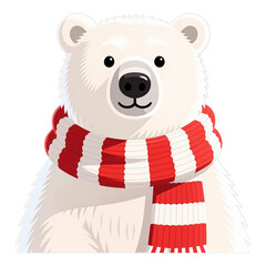 White Polar Bear with Red Scarf, Transparent Background, Holiday Illustration