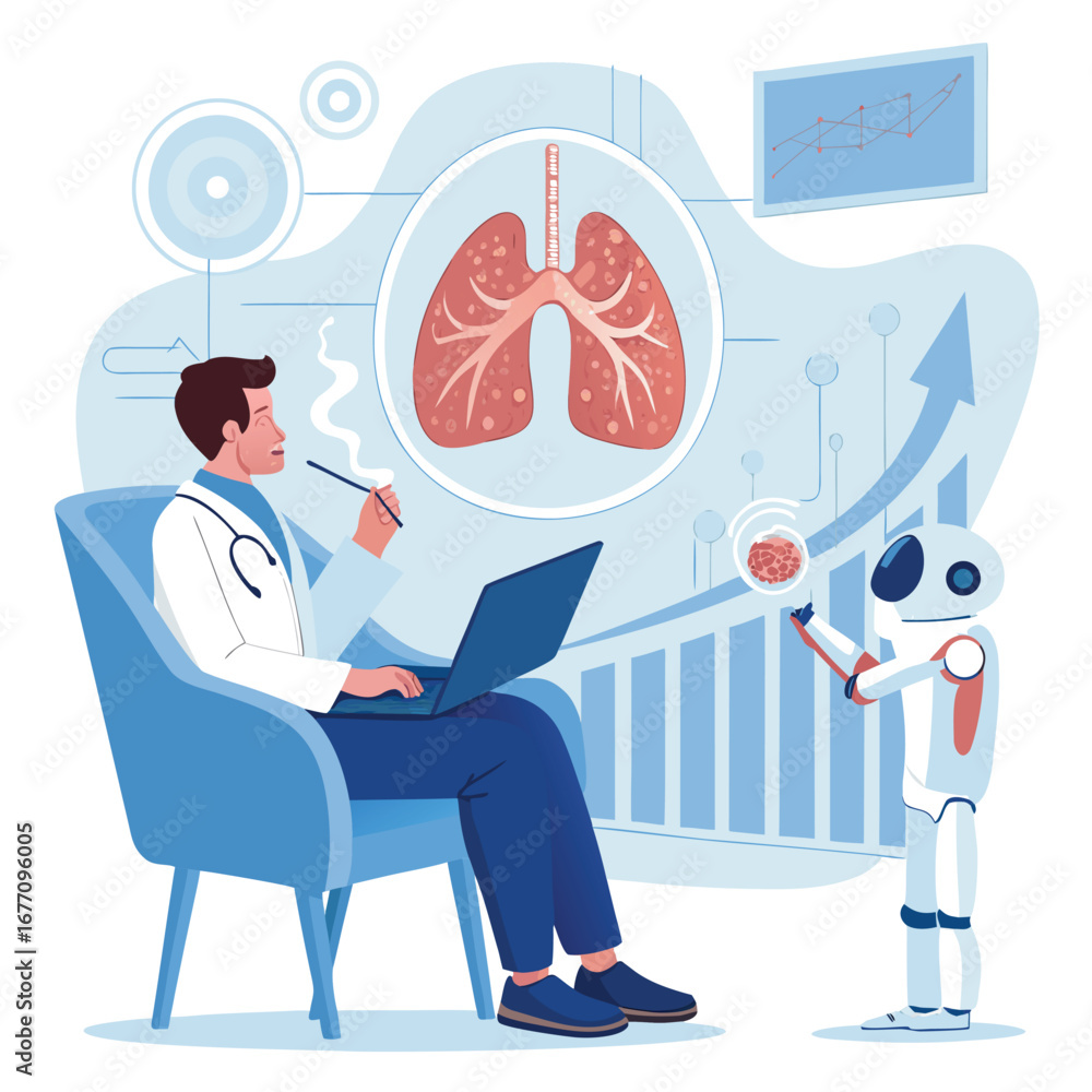 Poster vector art of a doctor and a robot are analyzing lungs with artificial intelligence, showcasing the 