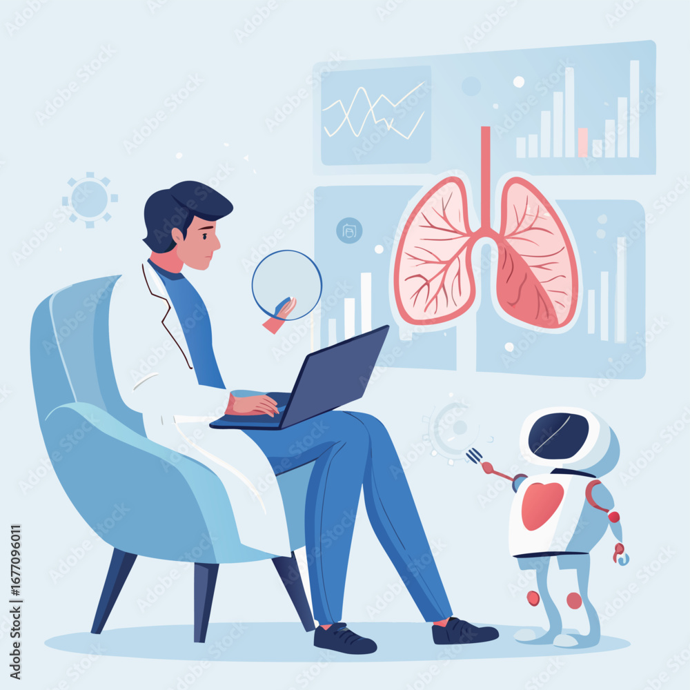 Poster vector art of a doctor consults with a robot about lung health, using technology and artificial inte