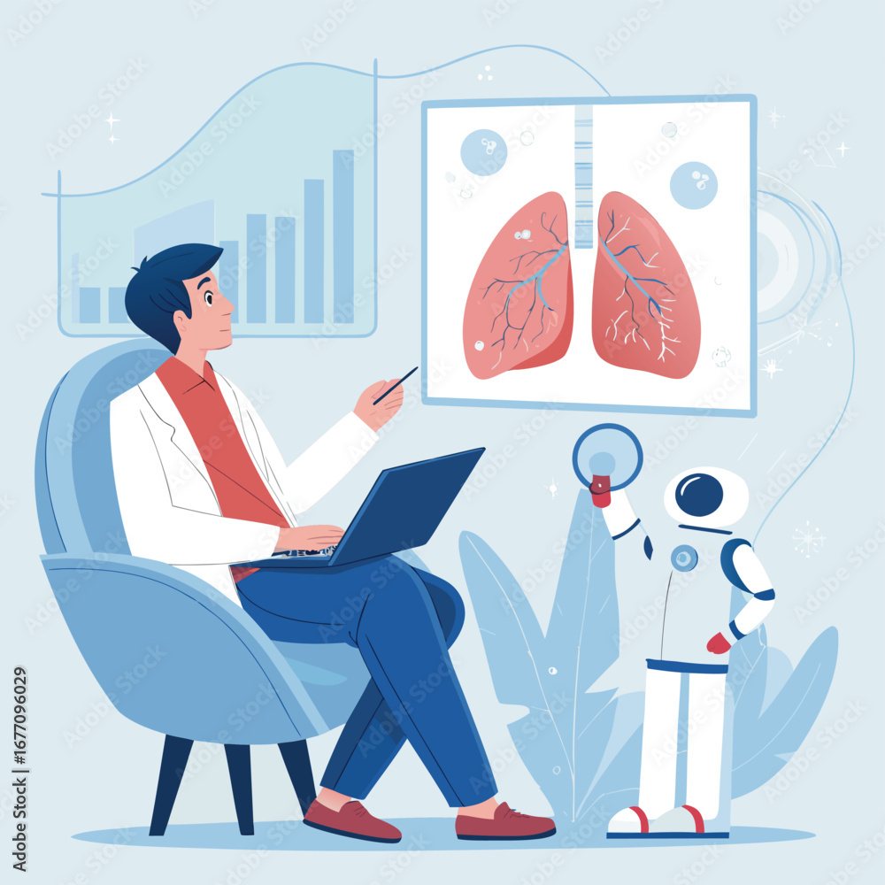 Poster vector art of a doctor and robot collaborate on lung analysis, using technology and artificial intel