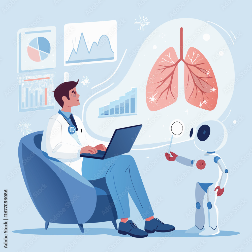 Poster vector art of a doctor consults with an ai robot about a lung diagnosis, using data and charts for a