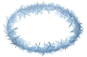 Oval frame made of ice crystals and frost, isolated on transparent cutout background