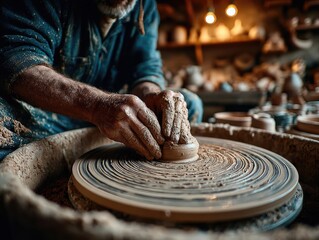 Artisan shaping clay on pottery wheel in workshop (1)