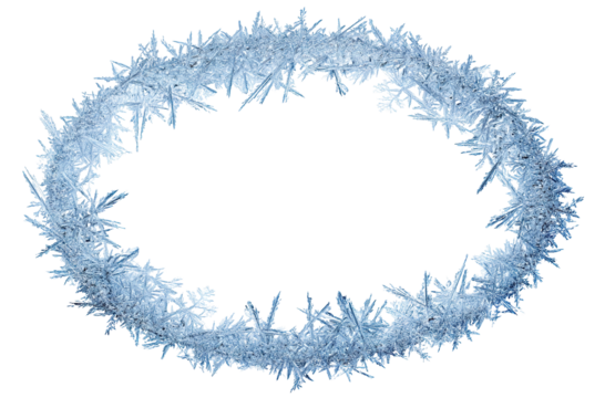 Oval frame made of ice crystals and frost, isolated on transparent cutout background