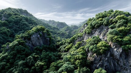 Lush, green mountain range under a cloudy sky, displaying a tranquil and serene landscape.