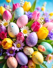 Colorful Easter bouquet with decorated eggs and flowers