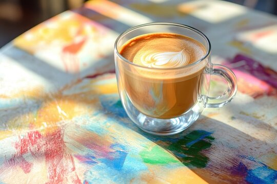 Enjoy a delicious dalgona coffee in a glass cup on a colorful tablecloth