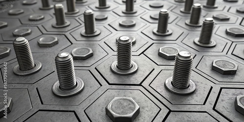 Poster close up of a textured metal surface with hexagonal patterns and protruding bolts