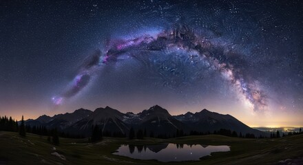 Stunning celestial arch of the Milky Way galaxy over a remote alpine landscape with water reflection