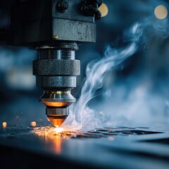 Industrial metal cutting machine in operation.  Dense smoke plumes from a focused laser beam cutting a metal sheet.  Machinery and sparks close up