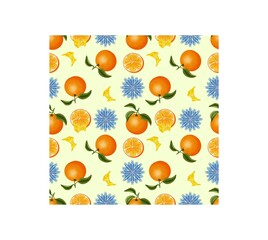 Christmas, new year, repeating pattern, oranges, fruits, slices, juice, leaves, foil snowflakes, on a delicate background, bright drawing