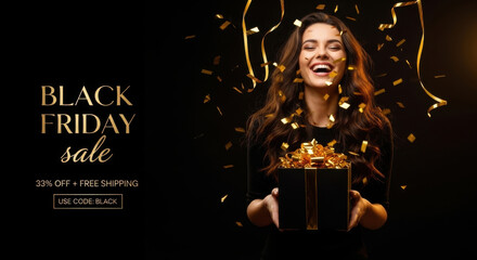 Excited woman laughing holding a black friday sale gift box surrounded by festive lights and confetti