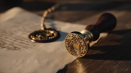 ornate wax stamp beside unsigned charter embossed crest visible baroque style desk accessories golden hour light illustration concept scene visual for commercial design use high detail quality stock