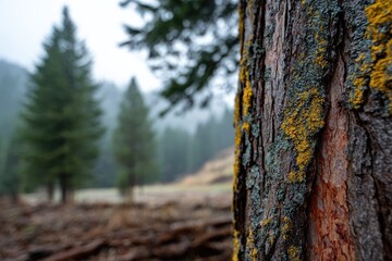 Obraz premium Close-up of tree trunk with moss and lichen in a misty forest