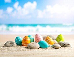 Colorful Easter eggs on a beach