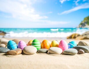 Colorful Easter eggs on beach