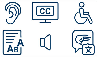 Accessibility Feature Icon Set – Vector Illustrations of Hearing Aid, Closed Captioning, Wheelchair Access, 
