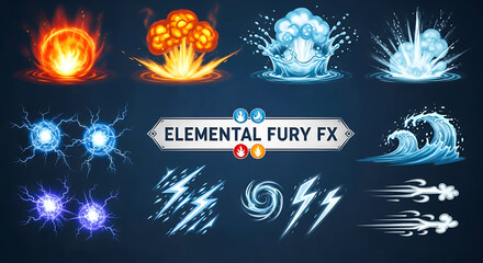 VFX. Elemental. Game Asset. A set of cartoon-style elemental magic effects including fire, water, and lightning for a fantasy video game, animation, or mobile app icon design.