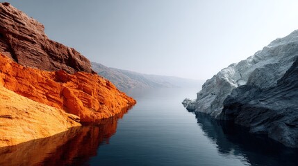 A serene lake reflecting contrasting hues of rock formations, showcasing a dramatic landscape with orange and gray rocky shores.
