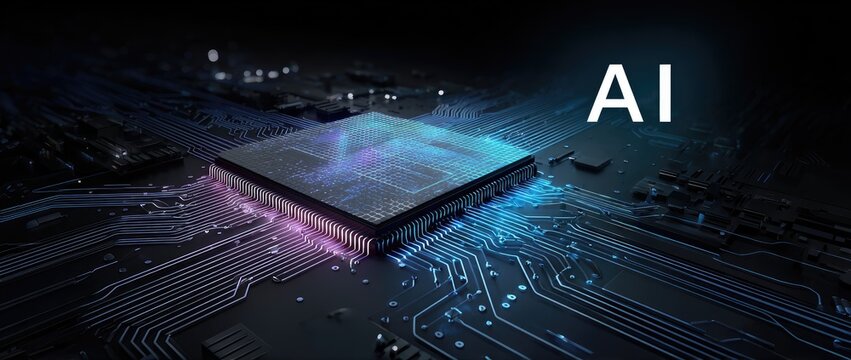 High-tech CPU with circuit board, illuminated with AI text overlay