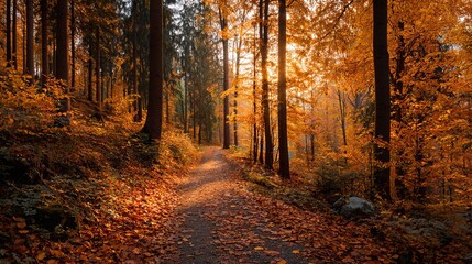 Obraz premium Enchanting autumn forest path with golden light filtering through trees creates a peaceful, calming atmosphere