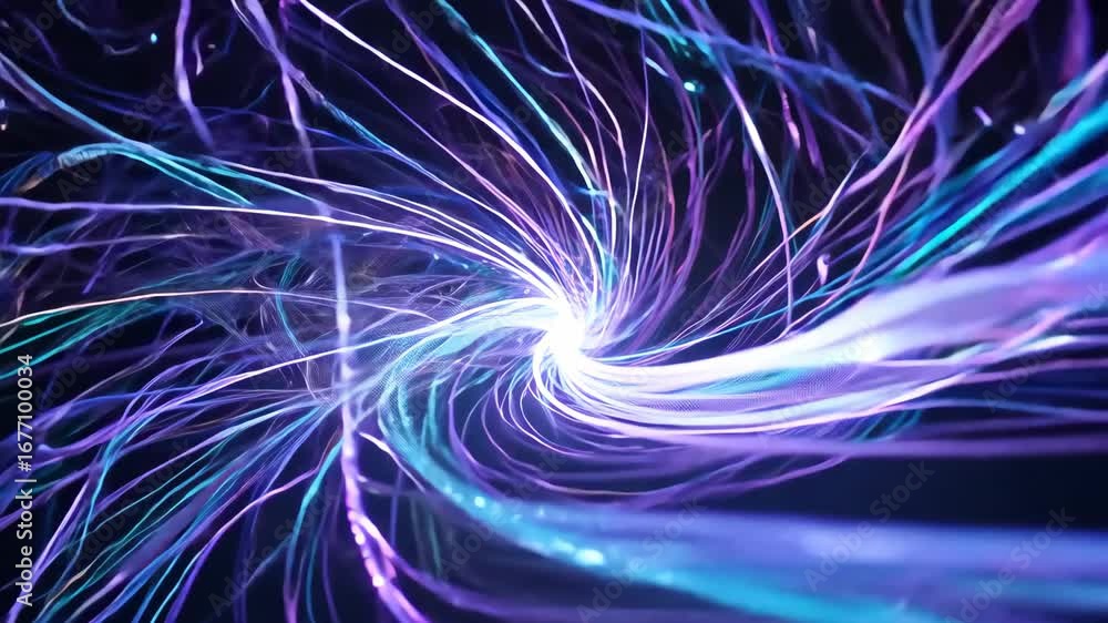 Wall mural abstract blue fractal design with glowing lines and a swirling wave pattern