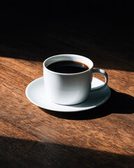 Obraz premium A simple white cup filled with black coffee sits on a saucer, illuminated by soft light against a warm wooden surface.