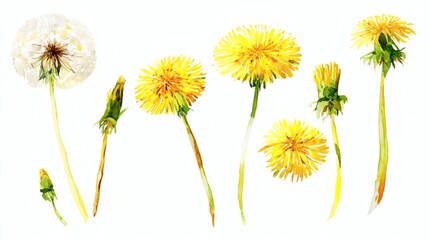 Obraz premium A watercolor illustration of dandelions in various stages of growth, showcasing yellow flowers and a white puffball seed head