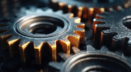 Close-up view of intricate gears, dark metal and gold teeth, detailed