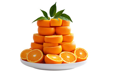 Stacked Orange Halves with Green Leaves isolated on a transparent background citrus