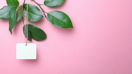 Blank tag with twine hanging from green leaves on pink background. Ideal for eco - friendly, branding, and minimalist design projects, backgrounds, promotions.