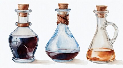 Three glass bottles with cork stoppers, filled with different colored liquids, watercolor style