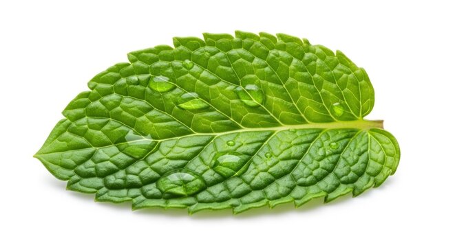 A single mint leaf with water droplets showcasing its vibrant green color and detailed texture isolated on a white background